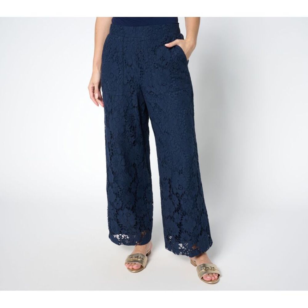 by Stacy London Women's Pants Sz M Pull-On Lace Cropped Pant Blue